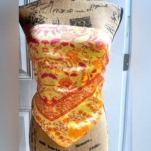 Silky satin y2k gold & yellow orange floral bandana tie top by Rue21 • small